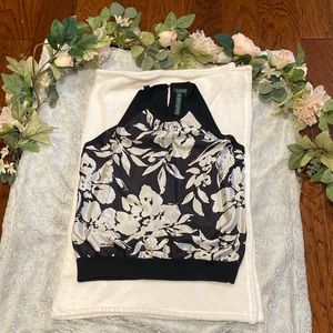 Lauren Ralph Lauren size M halter blouse in black and white with floral design.